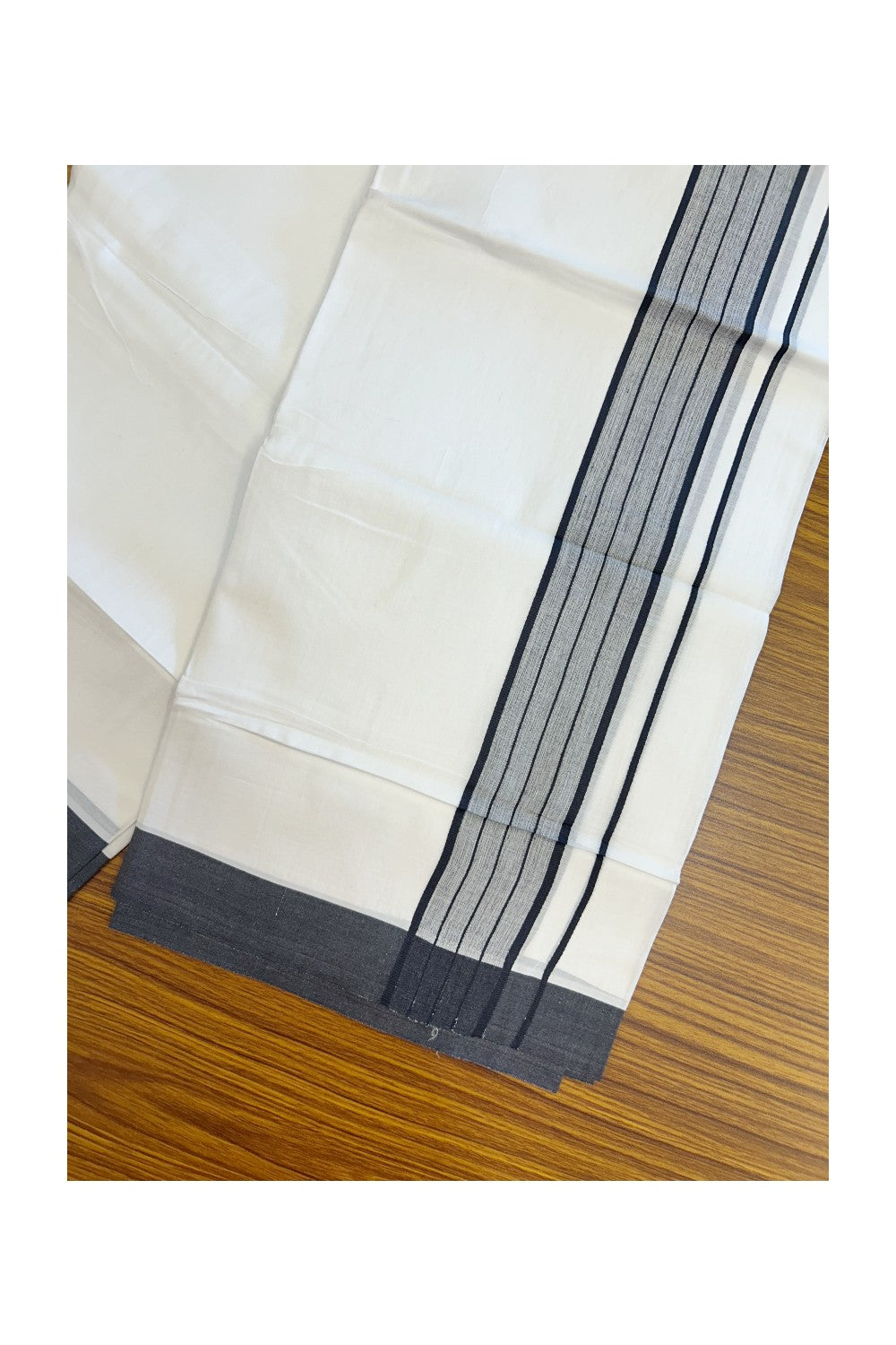 20% DISCOUNT!!! KaithariKada Balaramapuram 100% Cotton DOUBLE PURE WHITE Mundu/Dhoti - 100X80 - 2 Inch Navy Blue Shaded Stripes kara 3.75 mtr (8 muzham) - 10KK5220 THI
