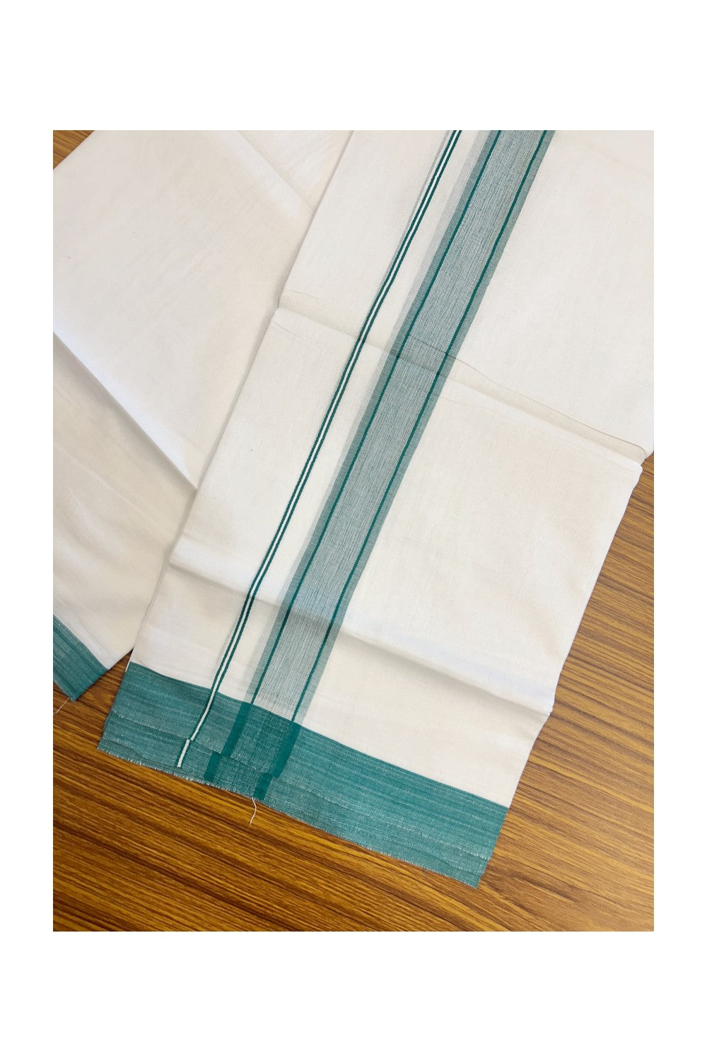 32% DISCOUNT! KaithariKada Balaramapuram 100% Cotton Double Pure white Mundu/Dhoti-( 60s ) - 1.5 inch Green Shaded Kara - 3.86mtr ( 8 muzham) - 10KK5227 PMC