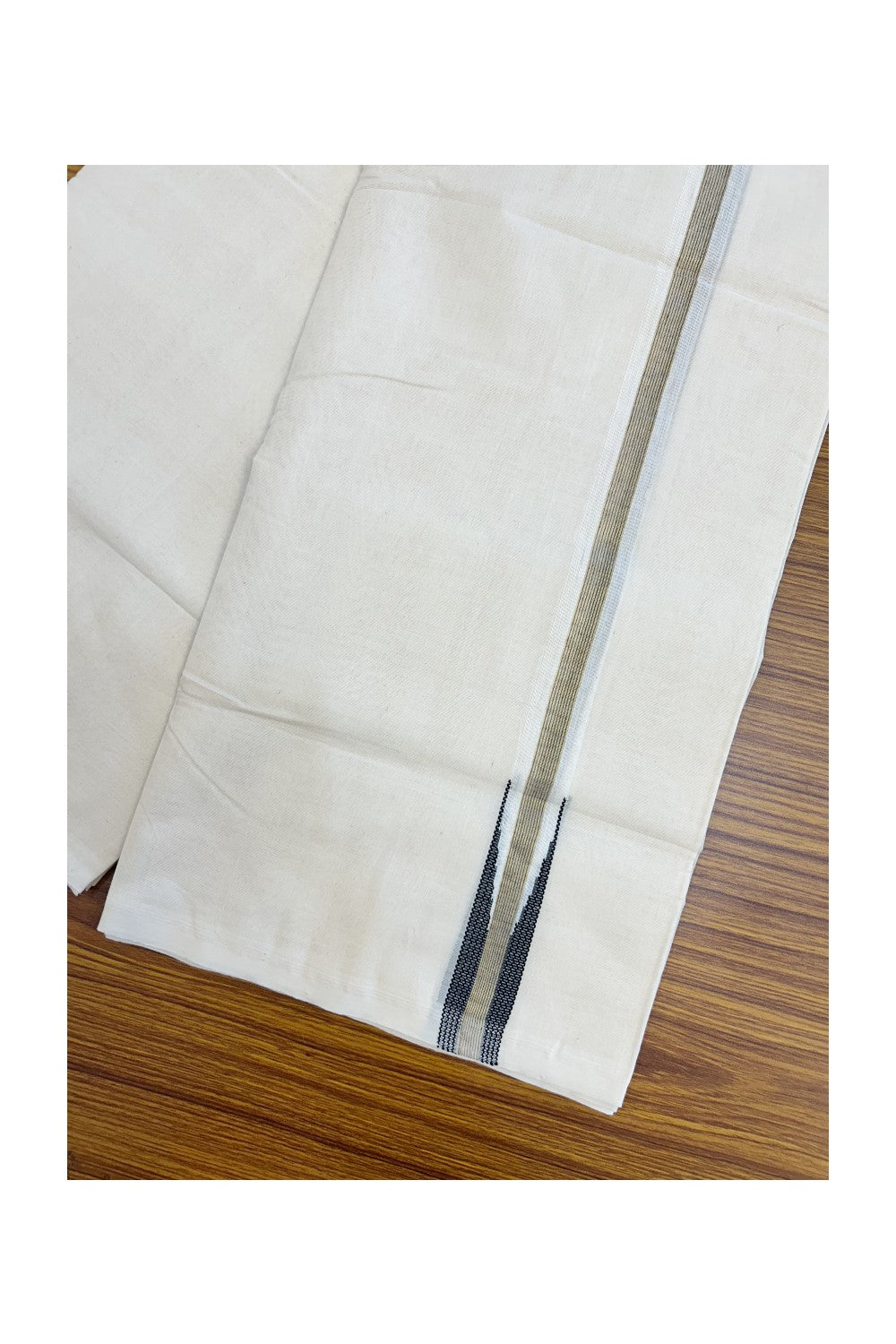 25% DISCOUNT!! KaithariKada HANDLOOM MILLPAAV Balaramapuram - 100% PURE Cotton OFF White Double - (Unbleached) Mundu/Dothi - 80X90 - 1 inch Puliyilakkara Black & Gold Kasavu Stripes chutty Kara 4 mtr (8.5 Muzham)- 10KK5234 RAM