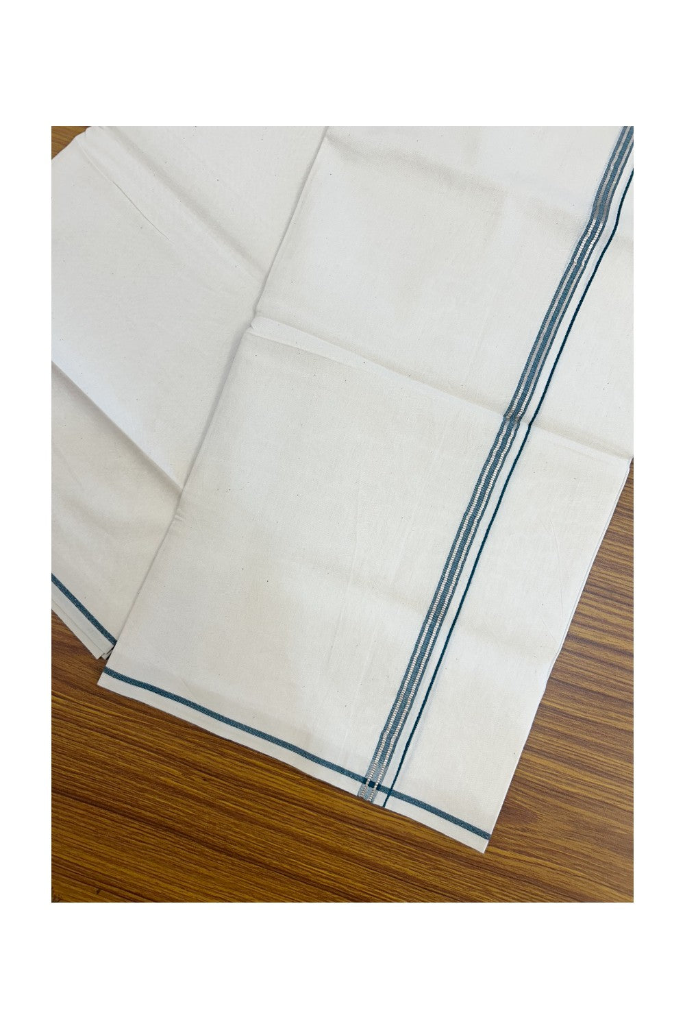 24% Discount !! KaithariKada Balaramapuram 100% Cotton OFF WHITE (Unbleached) Single Mundu/Dhoti - Twisted 60s Thread - 1 cm Silver Kasavu Green shaded Kara (2 meter / 4 muzham) - 8KK5236 GL