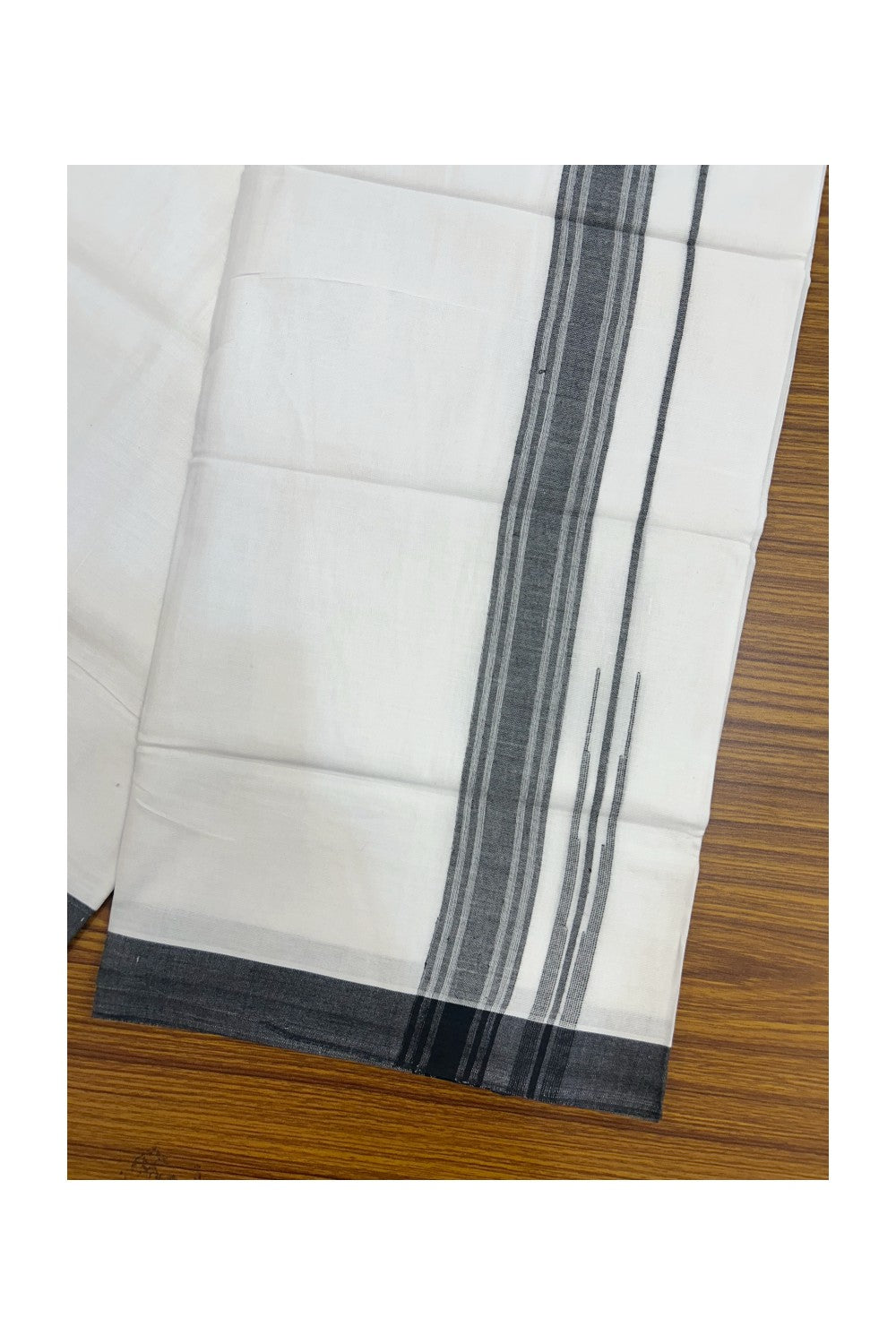 20% Discount!!! KaithariKada Balaramapuram Double PURE WHITE Mundu/Dhoti - (80s) - 1.5 inch puliyilakkara Black Shaded Striped chutty Kara - 3.82 mtr ( 8 muzham)- 10KK5239 GAN