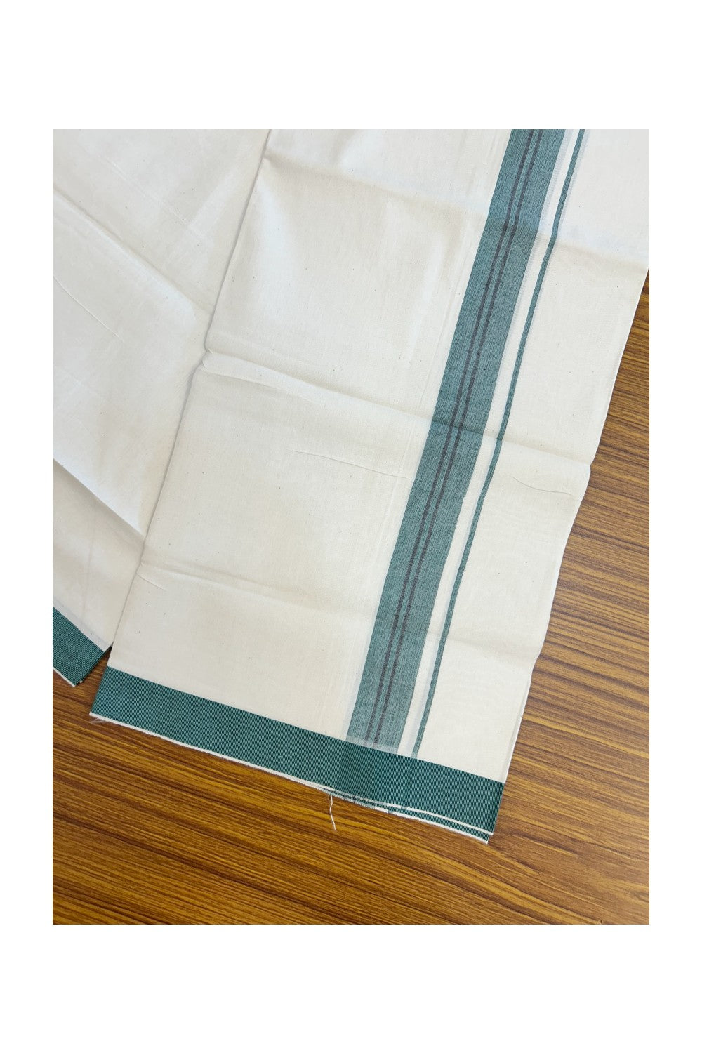 24% Discount !! KaithariKada Balaramapuram 100% Cotton OFF WHITE (Unbleached) Single Mundu/Dhoti - Twisted 60s Thread - 3 cm Green & Black shaded striped Kara (2 meter / 4 muzham) - 40KK5241 GL