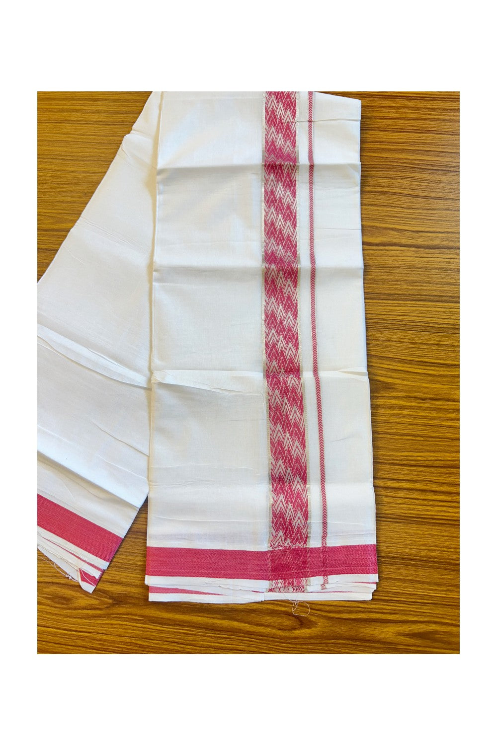 20% DISCOUNT! KaithariKada Balaramapuram 100% Cotton Double PURE white Mundu/Dhoti-100x100 2.25 Inch Silver kasavu dark pink pattern Kara - 10KK79PMC
