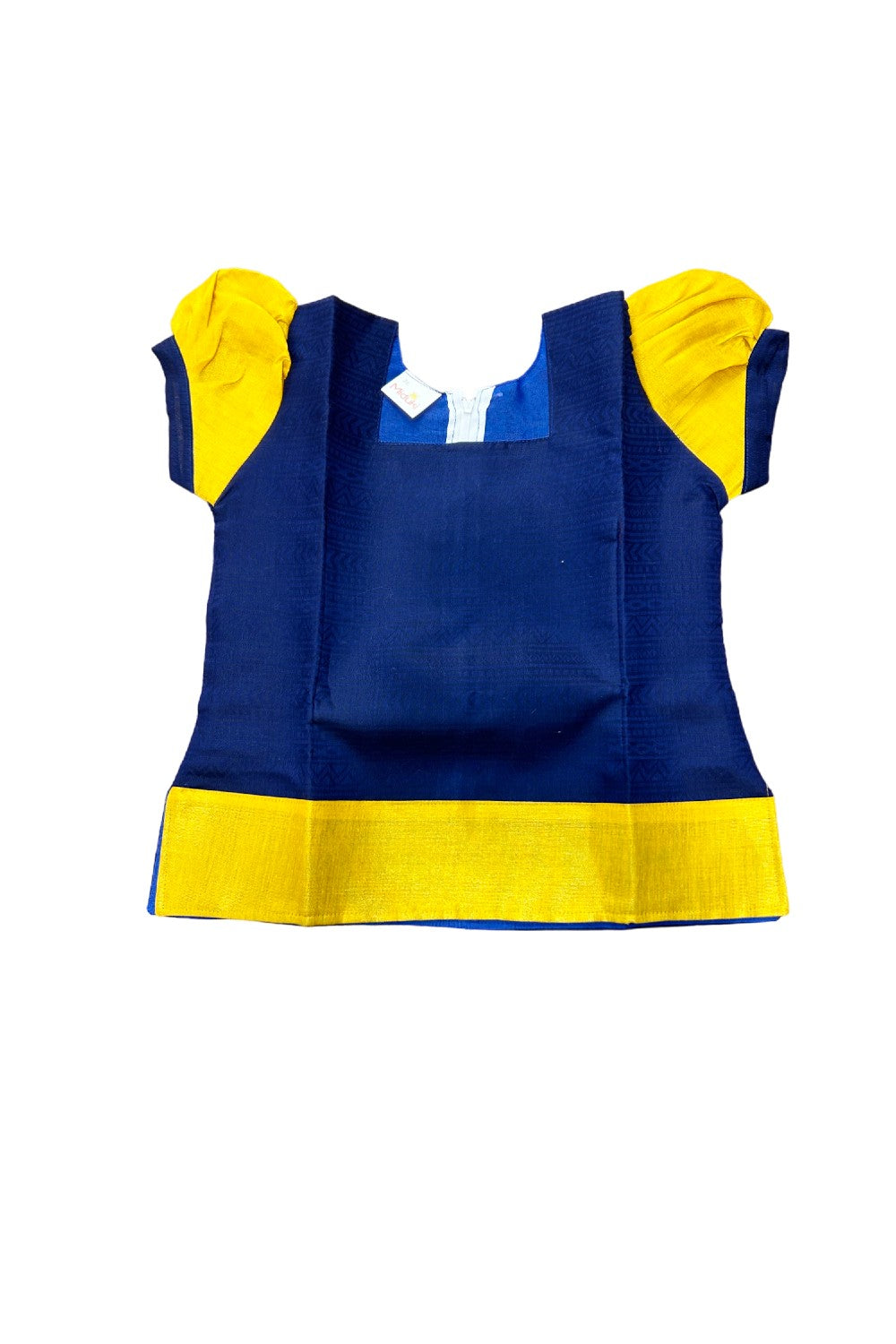 Midukki-Traditional South Indian Kids Pattu Pavada- Navy blue top with emboss work offwhite skirt with kasavu - Age 7 - KK7MID0010