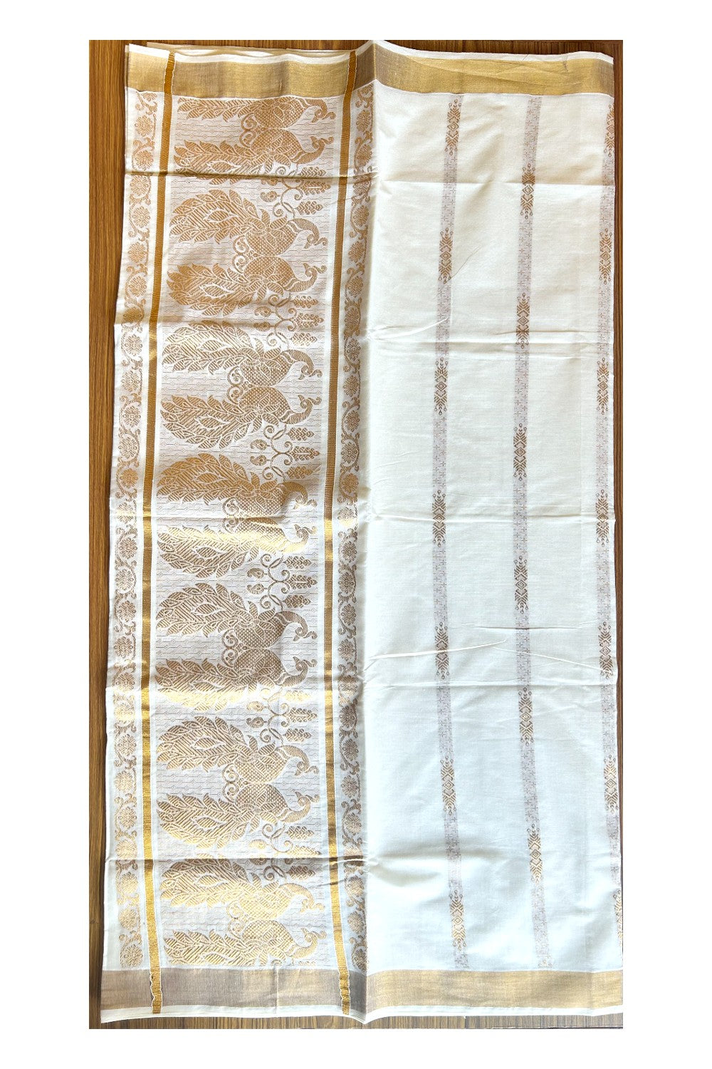 23 % Discount!!! Kaitharikada Kerala Cotton Saree Off white - 29.5 inch Kasav Zari with Peacock Pattern Putta Design- 10KK1002JEE