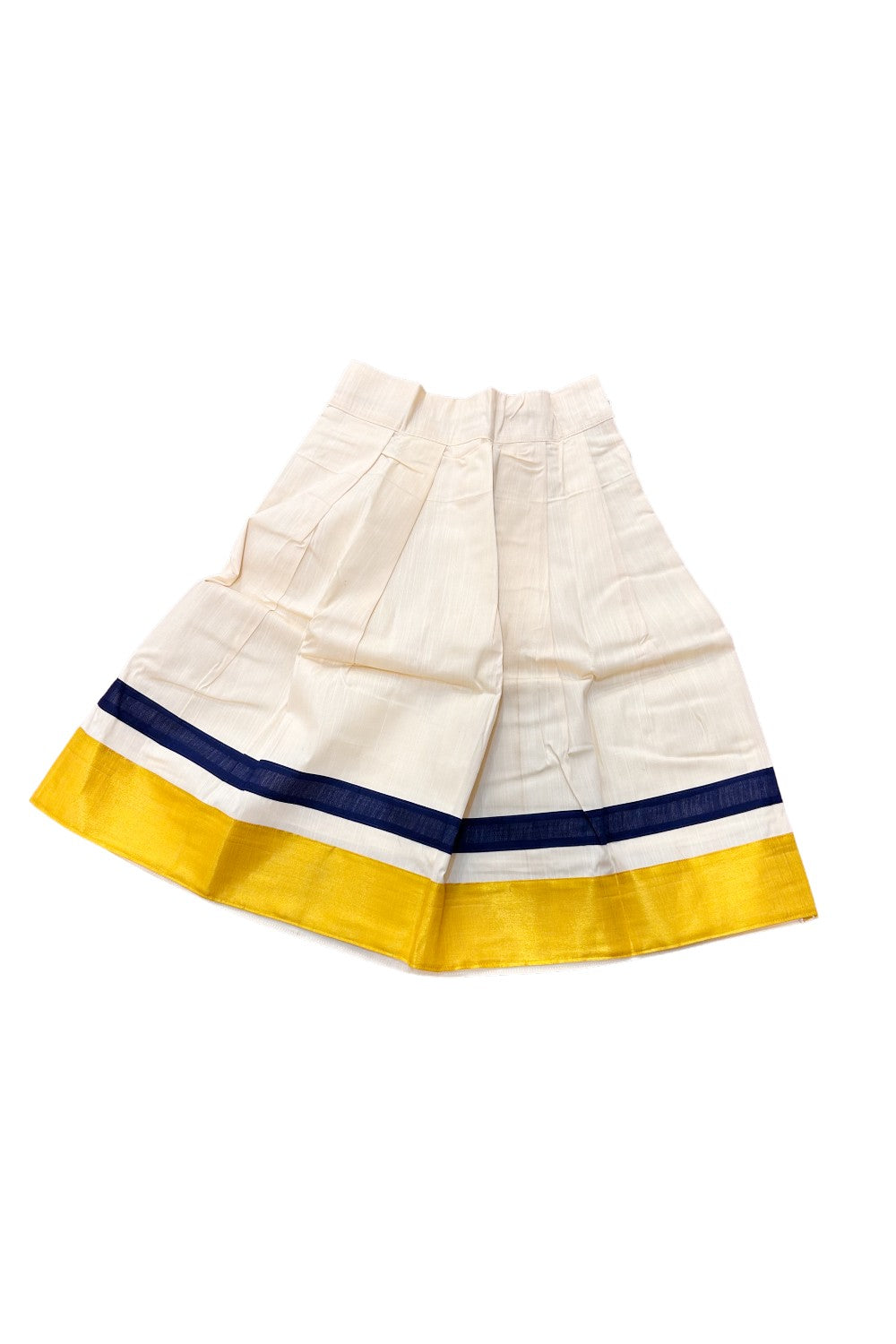 Midukki-Traditional South Indian Kids Pattu Pavada- Navy blue top with emboss work offwhite skirt with kasavu - Age 7 - KK7MID0010