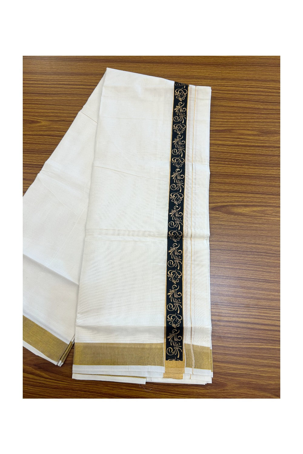 20% Discount!! KaithariKada Balaramapuram Mixed Cotton DOUBLE OFF WHITE - (Unbleached) Mundu/Dhoti - 80x72 - 1.25 inch Kasavu & Black ganapathy Pattern printed Design Kara - 100KK5227 PMC