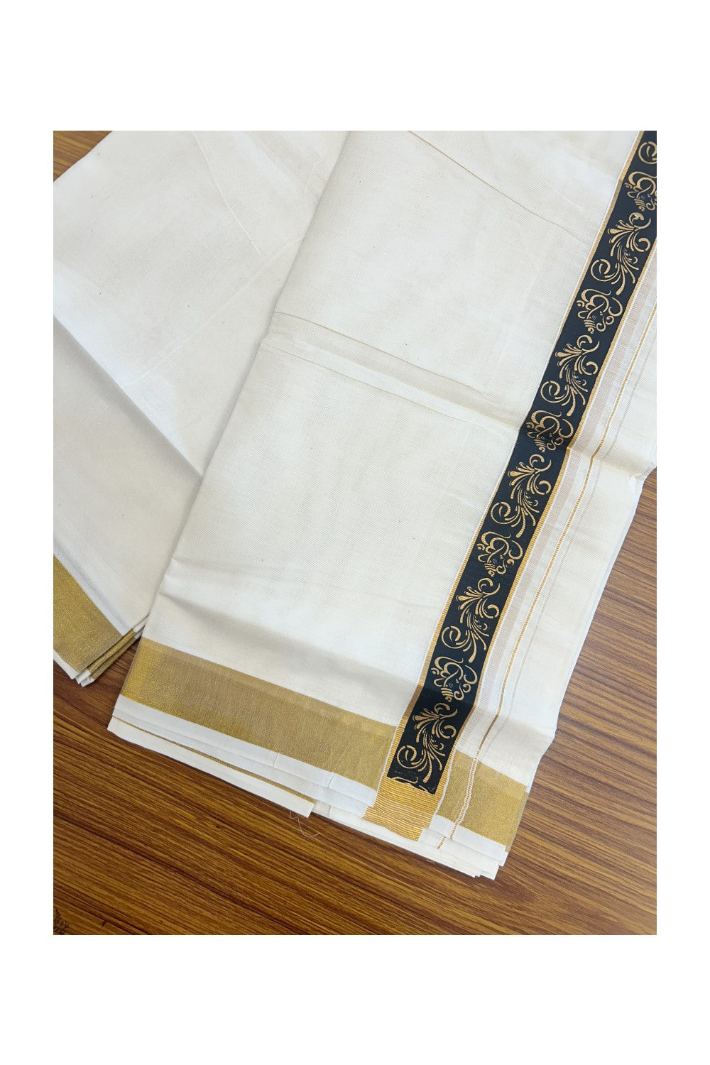 20% Discount!! KaithariKada Balaramapuram Mixed Cotton DOUBLE OFF WHITE - (Unbleached) Mundu/Dhoti - 80x72 - 1.25 inch Kasavu & Black ganapathy Pattern printed Design Kara - 100KK5227 PMC