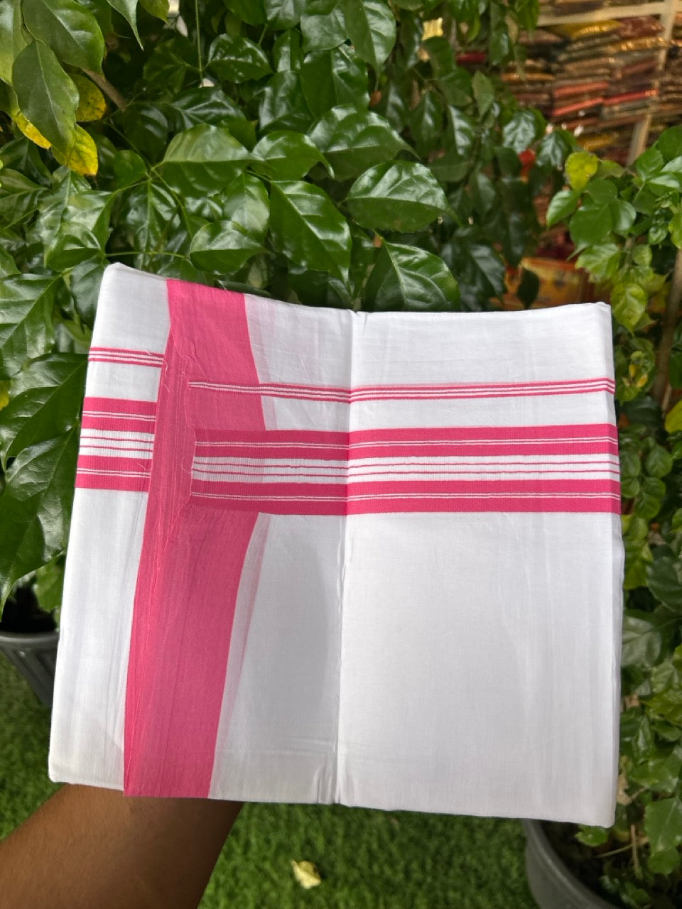 Pure White Double 20% Discount! KaithariKada 100% Cotton Pure Cotton Double Mundu / Dhoti - 100x80 - 1.5 inch Pink White Stripes Shaded Kara 3.80 meter (8 muzham) - 101 KK5220 THI