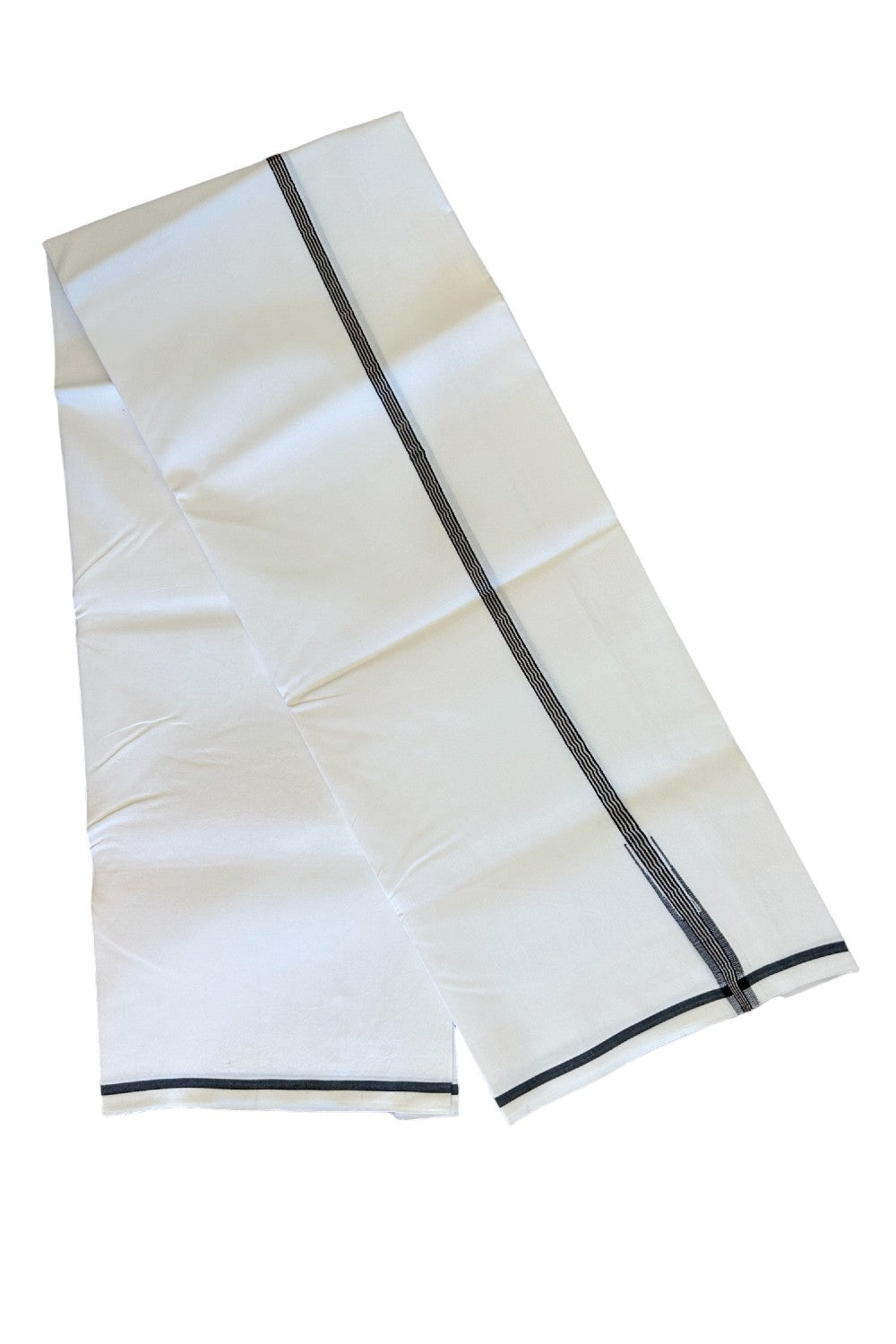 13% DISCOUNT!! KaithariKada Balaramapuram 100% Cotton PURE WHITE Single Mundu/Dhoti-100x100 Puliyilakkara 1.cm Silver kasavu & black striped chutty (2 meter / 4 muzham) - 101KK412ASH