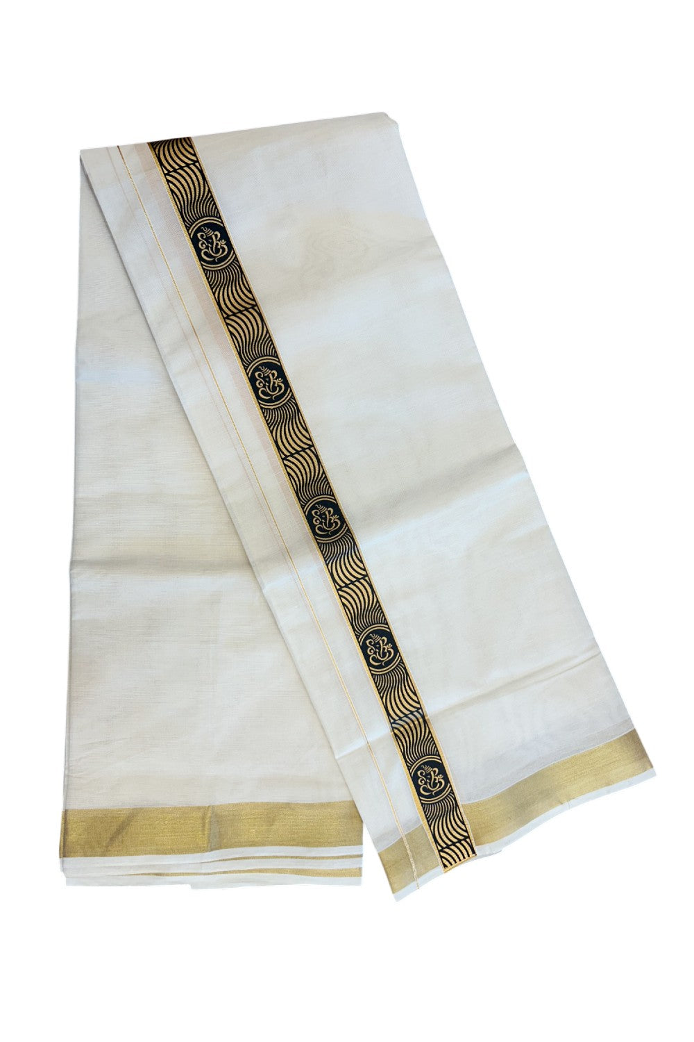 20% Discount!! KaithariKada Balaramapuram Mixed Cotton DOUBLE OFF WHITE - (Unbleached) Mundu/Dhoti - 80x72 - 1.5 inch Kasavu & Black ganapathy Pattern printed Design Kara - 101KK5227 PMC