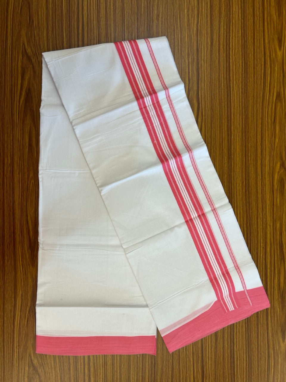 Pure White Double 20% Discount! KaithariKada 100% Cotton Pure Cotton Double Mundu / Dhoti - 100x80 - 1.5 inch Pink White Stripes Shaded Kara 3.80 meter (8 muzham) - 101 KK5220 THI
