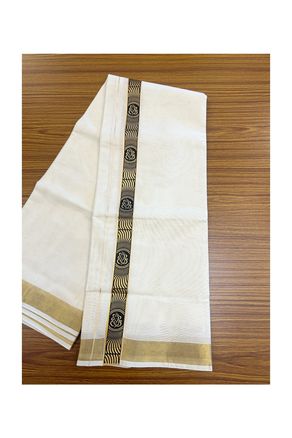 20% Discount!! KaithariKada Balaramapuram Mixed Cotton DOUBLE OFF WHITE - (Unbleached) Mundu/Dhoti - 80x72 - 1.5 inch Kasavu & Black ganapathy Pattern printed Design Kara - 101KK5227 PMC
