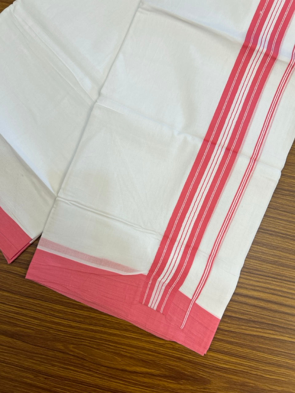 Pure White Double 20% Discount! KaithariKada 100% Cotton Pure Cotton Double Mundu / Dhoti - 100x80 - 1.5 inch Pink White Stripes Shaded Kara 3.80 meter (8 muzham) - 101 KK5220 THI