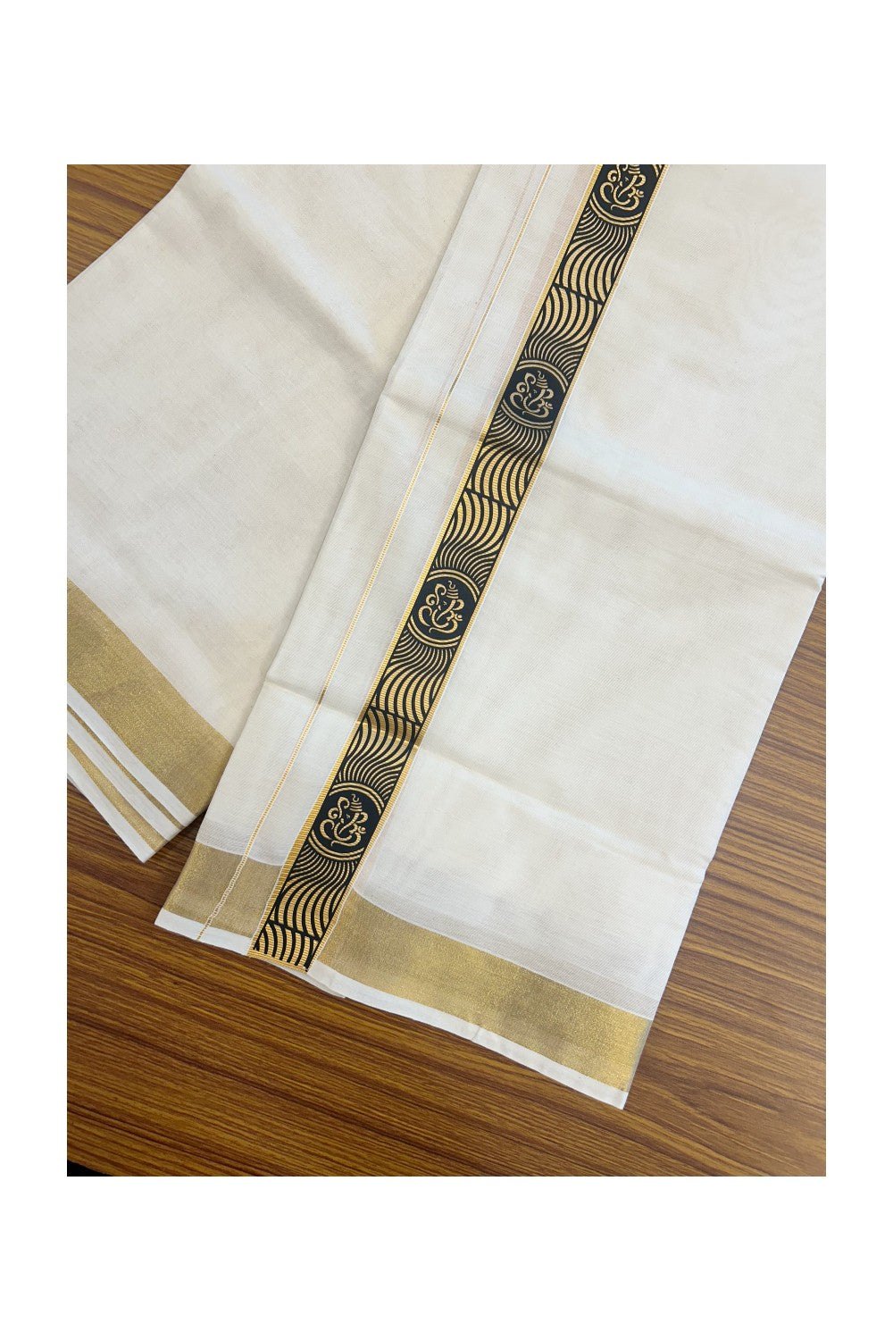 20% Discount!! KaithariKada Balaramapuram Mixed Cotton DOUBLE OFF WHITE - (Unbleached) Mundu/Dhoti - 80x72 - 1.5 inch Kasavu & Black ganapathy Pattern printed Design Kara - 101KK5227 PMC