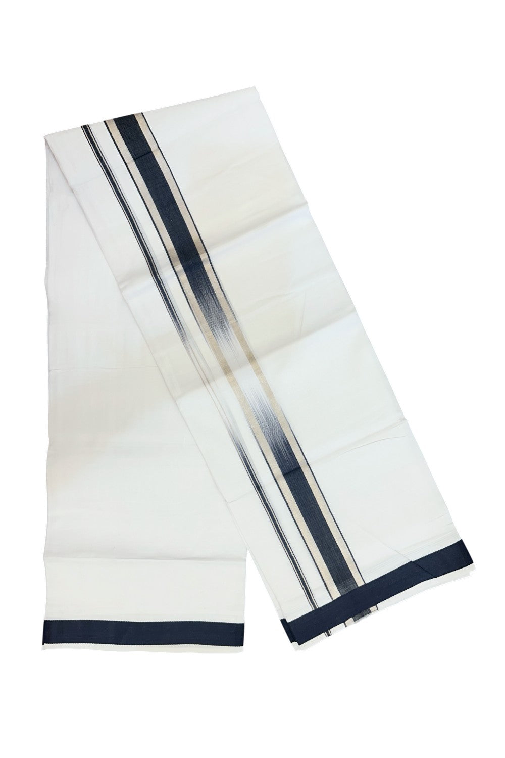 20% Discount ! Kaitharikada Balaramapuram 100% Cotton PURE WHITE Double RAINBOW Mundu/Dothi - 100x80 - 1.75 inch Silver Kasav Black Stripes Kara 4 mtr (8.5 muzham) - 101KK5220 THI