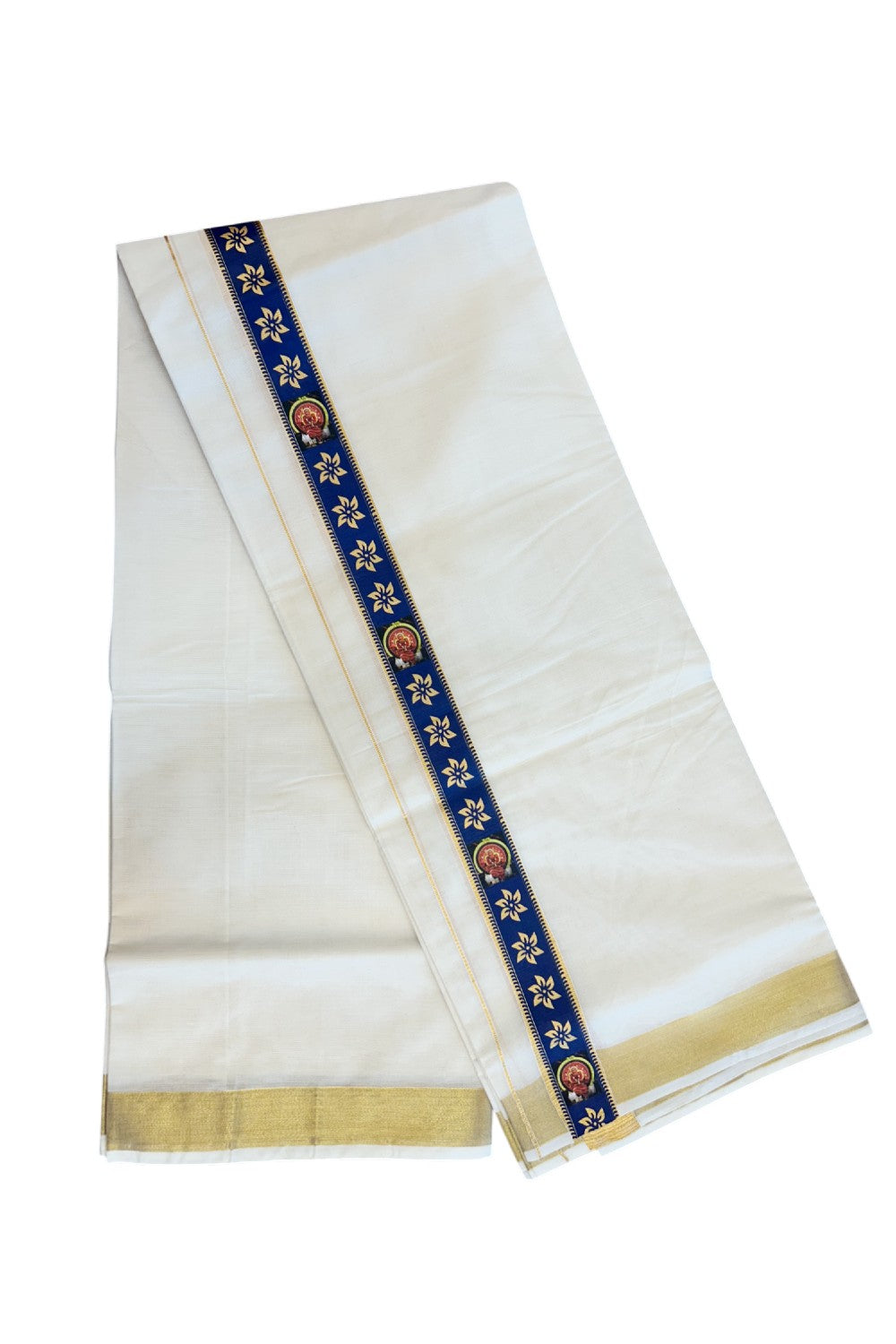 20% Discount!! KaithariKada Balaramapuram Mixed Cotton DOUBLE OFF WHITE - (Unbleached) Mundu/Dhoti - 80x72 - 1.25 inch Kasavu & Navy blue with Theyyam printed Kara - 102KK5227 PMC