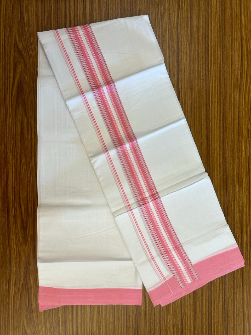 Pure White Double 20% Discount! KaithariKada 100% Cotton Pure Cotton Double Mundu / Dhoti - 100x80 - 2 inch Pink White Stripes Shaded Kara 3.80 meter (8 muzham) - 102 KK5220 THI
