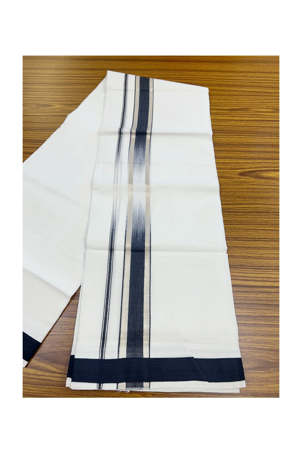 20% Discount ! Kaitharikada Balaramapuram 100% Cotton PURE WHITE Double RAINBOW Mundu/Dothi - 100x80 - 1.75 inch Silver Kasav Black Stripes Kara 4 mtr (8.5 muzham) - 101KK5220 THI
