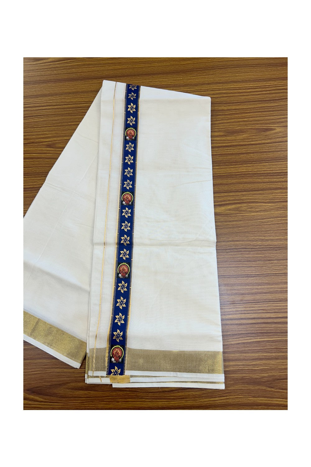 20% Discount!! KaithariKada Balaramapuram Mixed Cotton DOUBLE OFF WHITE - (Unbleached) Mundu/Dhoti - 80x72 - 1.25 inch Kasavu & Navy blue with Theyyam printed Kara - 102KK5227 PMC