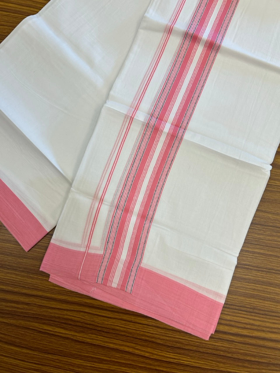Pure White Double 20% Discount! KaithariKada 100% Cotton Pure Cotton Double Mundu / Dhoti - 100x80 - 2 inch Pink White Stripes Shaded Kara 3.80 meter (8 muzham) - 102 KK5220 THI