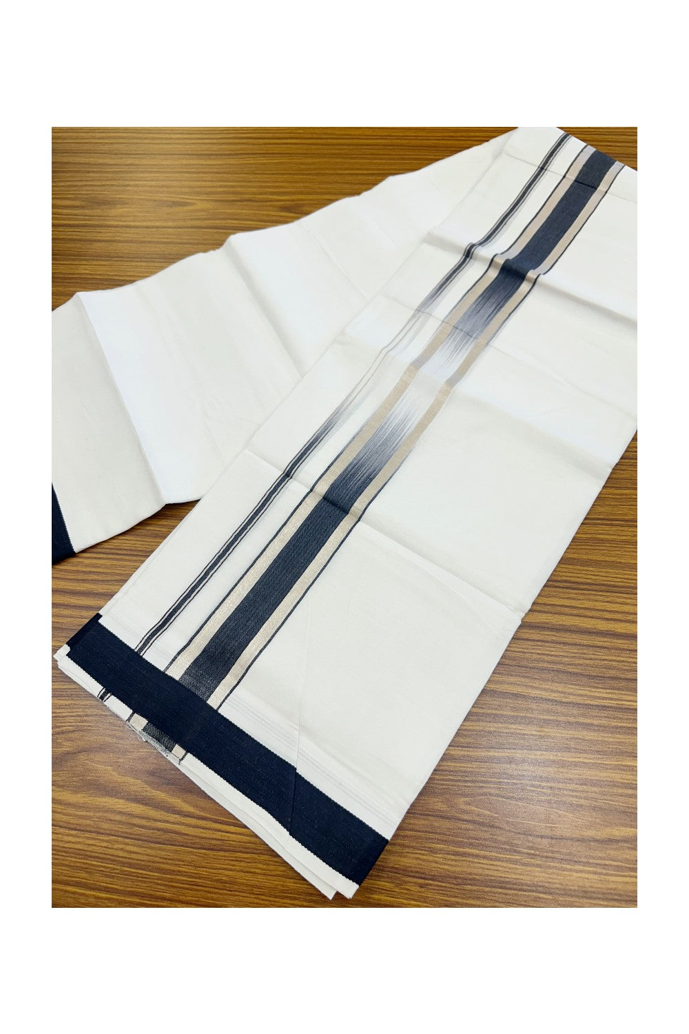 20% Discount ! Kaitharikada Balaramapuram 100% Cotton PURE WHITE Double RAINBOW Mundu/Dothi - 100x80 - 1.75 inch Silver Kasav Black Stripes Kara 4 mtr (8.5 muzham) - 101KK5220 THI