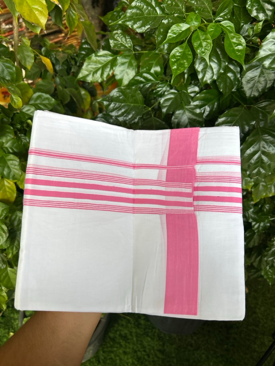 Pure White Double 20% Discount! KaithariKada 100% Cotton Pure Cotton Double Mundu / Dhoti - 100x80 - 2 inch Pink White Stripes Shaded Kara 3.80 meter (8 muzham) - 103 KK5220 THI
