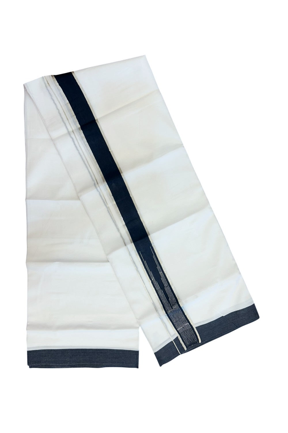 20% Discount ! Kaitharikada Balaramapuram 100% Cotton PURE WHITE Double RAINBOW Mundu/Dothi - 100x80 - 1.75 inch Puliyilakkara Silver Kasav Black Stripes Chutty Kara 4 mtr (8.5 muzham) - 102KK5220 THI