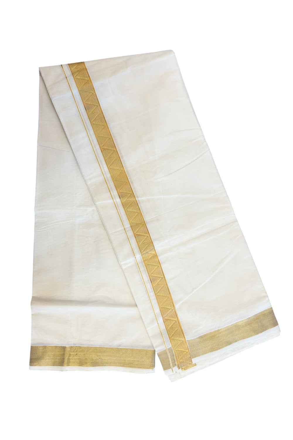 20% Discount!! KaithariKada Balaramapuram Mixed Cotton DOUBLE OFF WHITE - (Unbleached) Mundu/Dhoti - 80x72 - 1.25 inch Kasavu Mustard yellow & light green printed Kara - 103KK5227 PMC