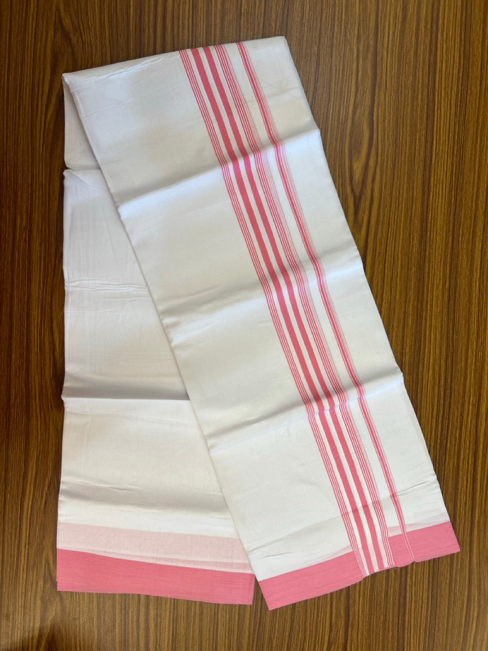 Pure White Double 20% Discount! KaithariKada 100% Cotton Pure Cotton Double Mundu / Dhoti - 100x80 - 2 inch Pink White Stripes Shaded Kara 3.80 meter (8 muzham) - 103 KK5220 THI
