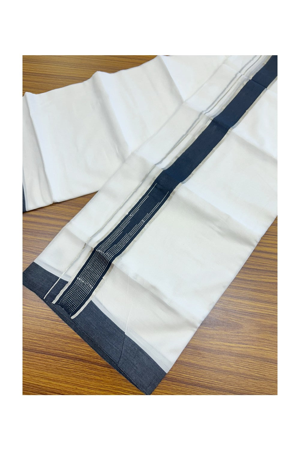 20% Discount ! Kaitharikada Balaramapuram 100% Cotton PURE WHITE Double RAINBOW Mundu/Dothi - 100x80 - 1.75 inch Puliyilakkara Silver Kasav Black Stripes Chutty Kara 4 mtr (8.5 muzham) - 102KK5220 THI