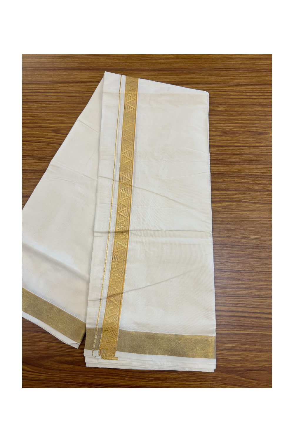 20% Discount!! KaithariKada Balaramapuram Mixed Cotton DOUBLE OFF WHITE - (Unbleached) Mundu/Dhoti - 80x72 - 1.25 inch Kasavu Mustard yellow & light green printed Kara - 103KK5227 PMC