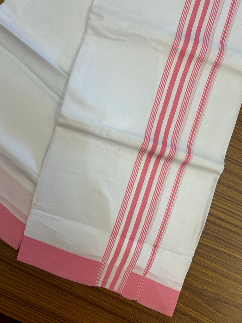 Pure White Double 20% Discount! KaithariKada 100% Cotton Pure Cotton Double Mundu / Dhoti - 100x80 - 2 inch Pink White Stripes Shaded Kara 3.80 meter (8 muzham) - 103 KK5220 THI