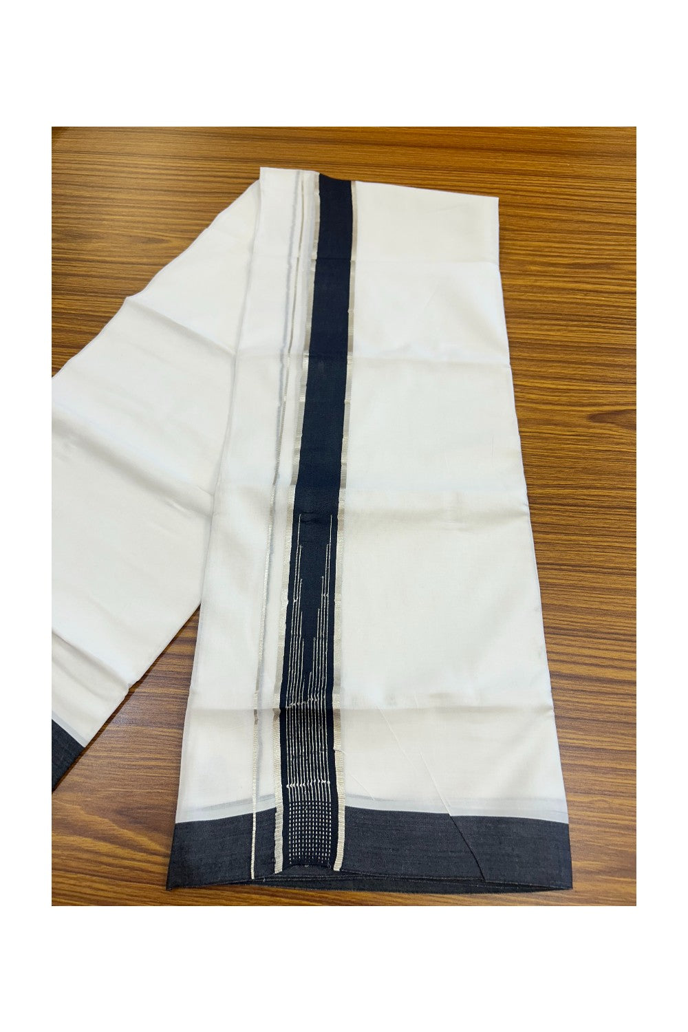20% Discount ! Kaitharikada Balaramapuram 100% Cotton PURE WHITE Double RAINBOW Mundu/Dothi - 100x80 - 1.75 inch Puliyilakkara Silver Kasav Black Stripes Chutty Kara 4 mtr (8.5 muzham) - 102KK5220 THI
