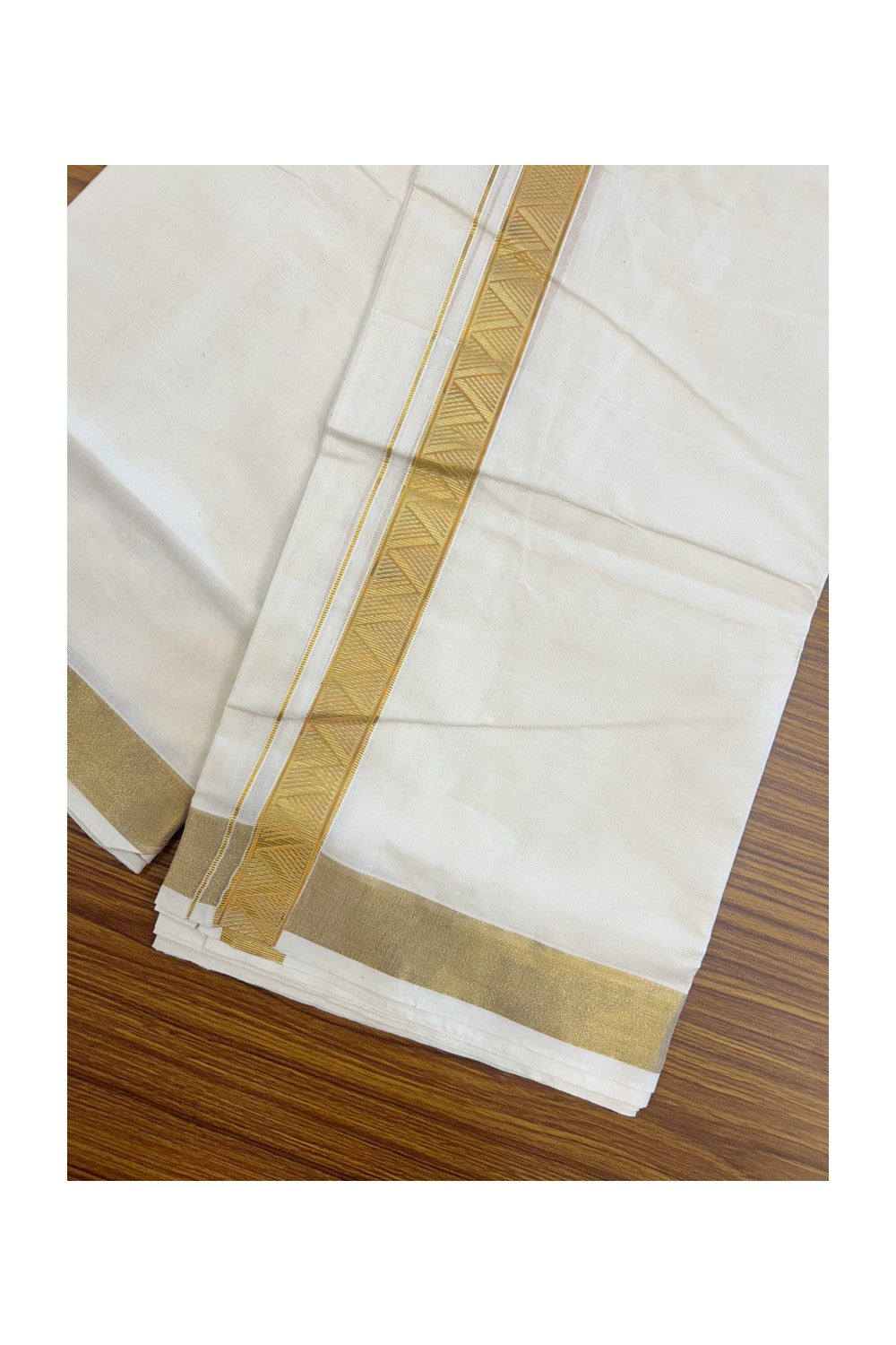 20% Discount!! KaithariKada Balaramapuram Mixed Cotton DOUBLE OFF WHITE - (Unbleached) Mundu/Dhoti - 80x72 - 1.25 inch Kasavu Mustard yellow & light green printed Kara - 103KK5227 PMC