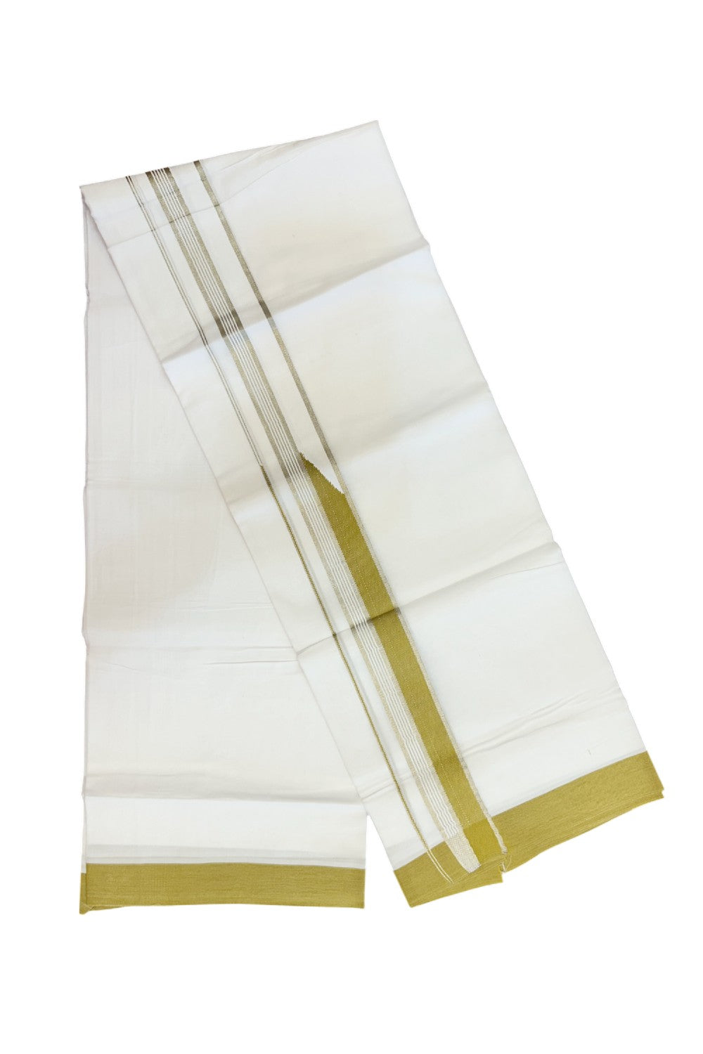 20% Discount ! Kaitharikada Balaramapuram 100% Cotton PURE WHITE Double Mundu/Dothi - 100x80 - 1.75 inch Puliyilakkara Silver Kasav & Mustard Green Heavy Chutty Kara 4 mtr (8.5 muzham) - 103KK5220 THI
