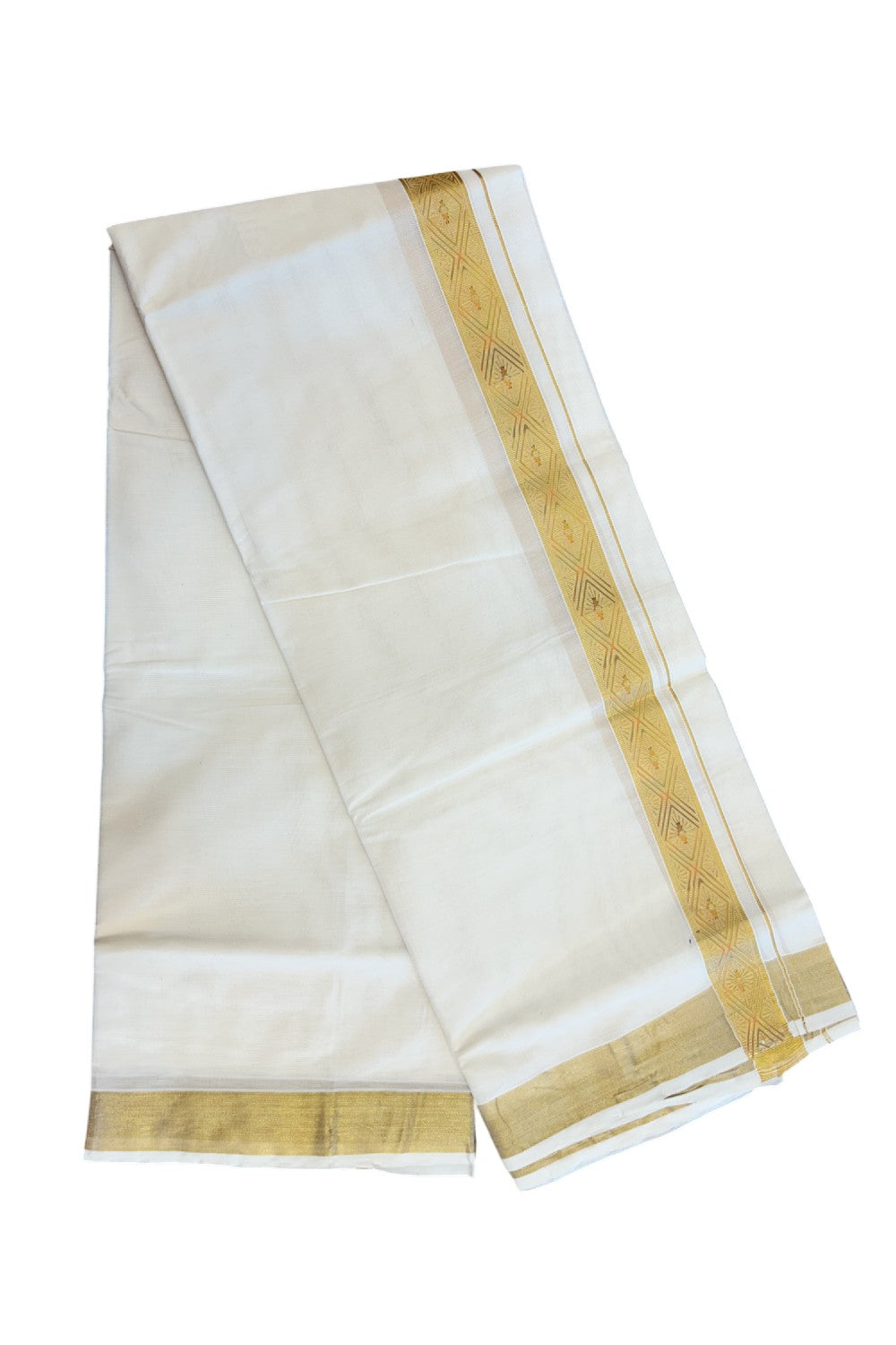 20% Discount!! KaithariKada Balaramapuram Mixed Cotton DOUBLE OFF WHITE - (Unbleached) Mundu/Dhoti - 80x72 - 1.25 inch Kasavu Mustard yellow & light green printed Kara - 104KK5227 PMC