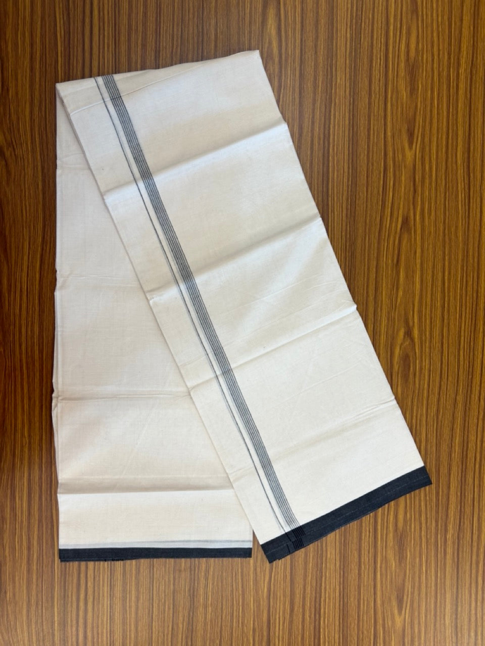 20% Discount! KaithariKada 100% Cotton Off white Double Mundu/Dhoti - (100x80)S - 0.5 inch Black Striped Kara - 4mtr (8.5muzham) - 104 KK5255 VAS