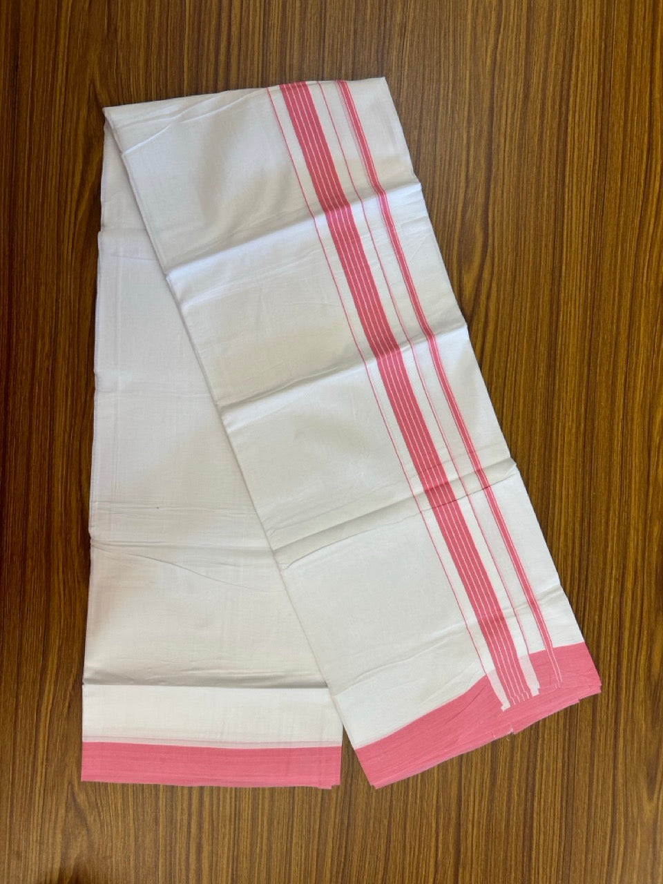 Pure White Double 20% Discount! KaithariKada 100% Cotton Pure Cotton Double Mundu / Dhoti - 100x80 - 1.75 inch Pink White Stripes Shaded Kara 3.80 meter (8 muzham) - 104 KK5220 THI
