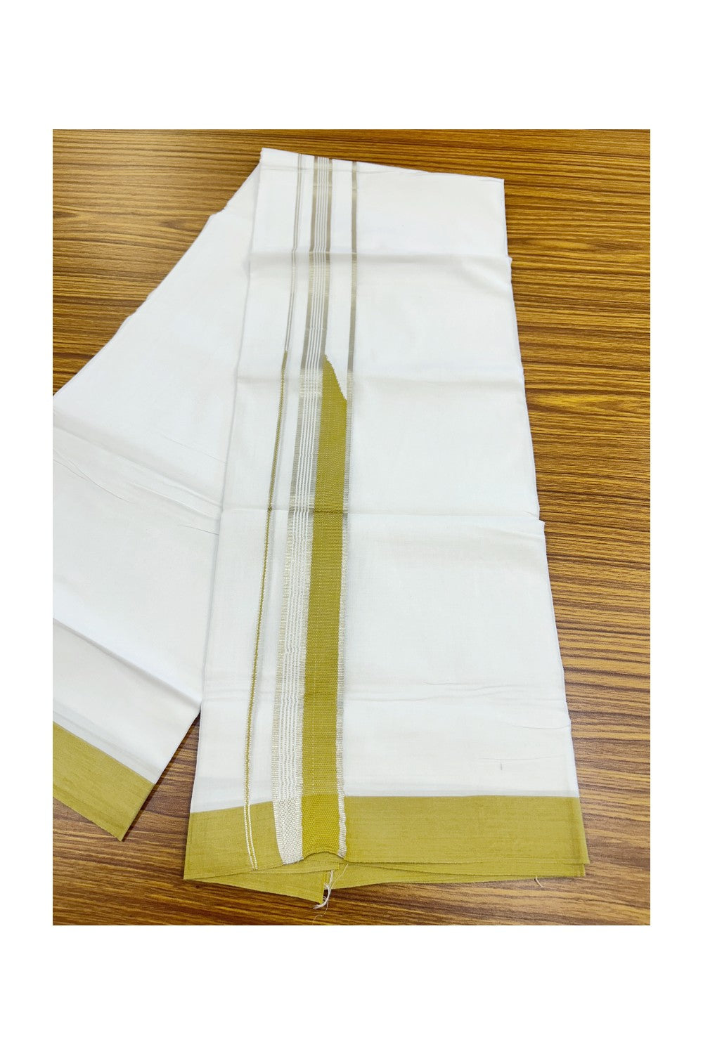 20% Discount ! Kaitharikada Balaramapuram 100% Cotton PURE WHITE Double Mundu/Dothi - 100x80 - 1.75 inch Puliyilakkara Silver Kasav & Mustard Green Heavy Chutty Kara 4 mtr (8.5 muzham) - 103KK5220 THI