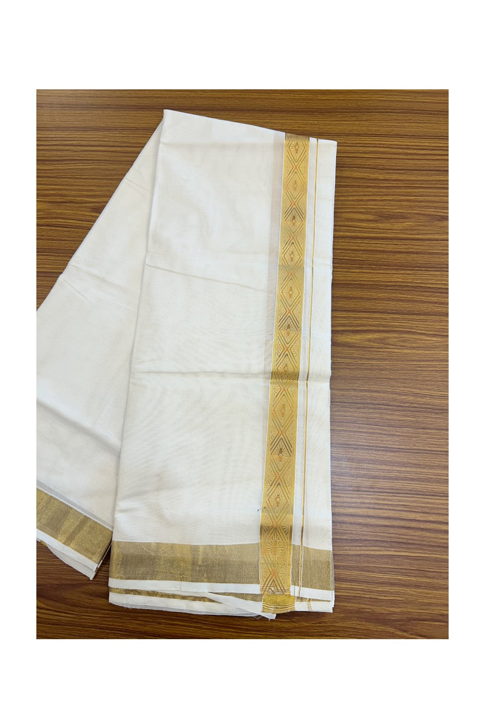 20% Discount!! KaithariKada Balaramapuram Mixed Cotton DOUBLE OFF WHITE - (Unbleached) Mundu/Dhoti - 80x72 - 1.25 inch Kasavu Mustard yellow & light green printed Kara - 104KK5227 PMC
