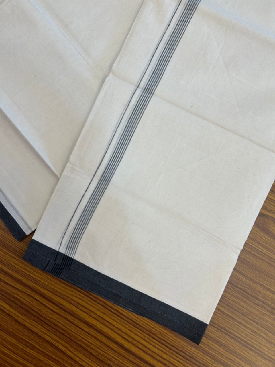 20% Discount! KaithariKada 100% Cotton Off white Double Mundu/Dhoti - (100x80)S - 0.5 inch Black Striped Kara - 4mtr (8.5muzham) - 104 KK5255 VAS