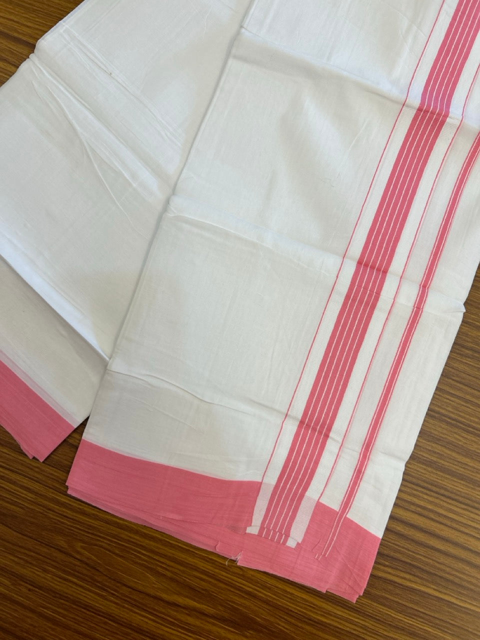 Pure White Double 20% Discount! KaithariKada 100% Cotton Pure Cotton Double Mundu / Dhoti - 100x80 - 1.75 inch Pink White Stripes Shaded Kara 3.80 meter (8 muzham) - 104 KK5220 THI