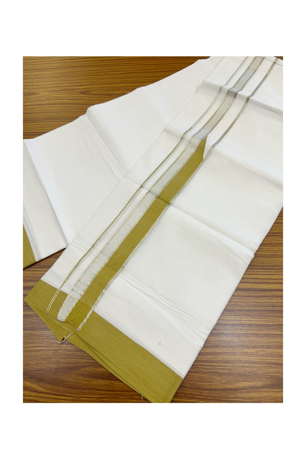 20% Discount ! Kaitharikada Balaramapuram 100% Cotton PURE WHITE Double Mundu/Dothi - 100x80 - 1.75 inch Puliyilakkara Silver Kasav & Mustard Green Heavy Chutty Kara 4 mtr (8.5 muzham) - 103KK5220 THI