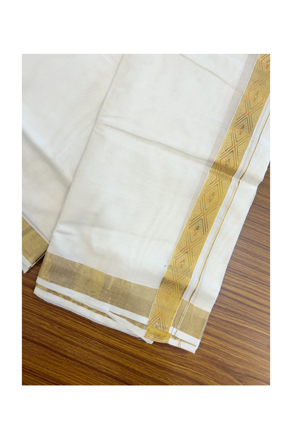 20% Discount!! KaithariKada Balaramapuram Mixed Cotton DOUBLE OFF WHITE - (Unbleached) Mundu/Dhoti - 80x72 - 1.25 inch Kasavu Mustard yellow & light green printed Kara - 104KK5227 PMC