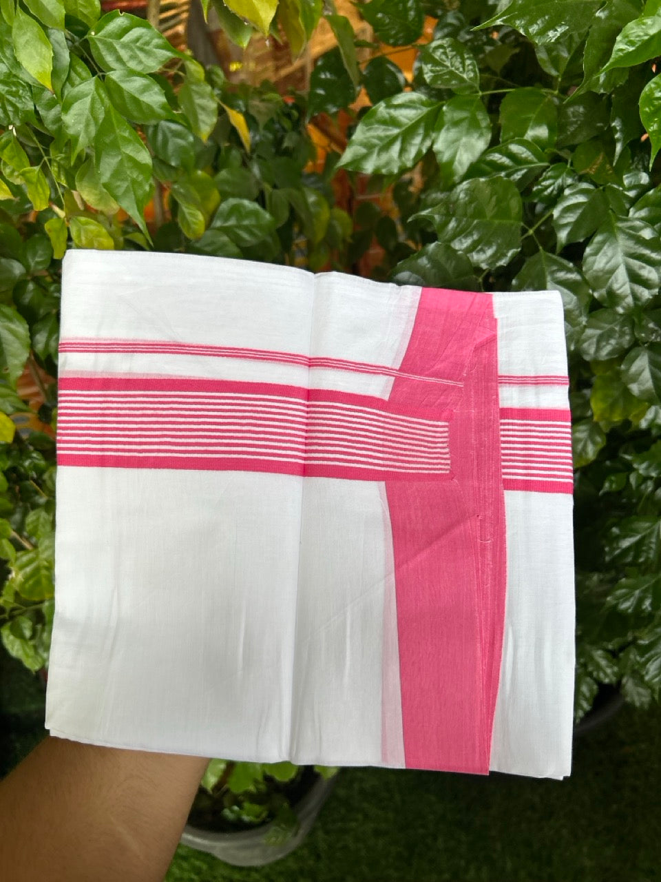 Pure White Double 20% Discount! KaithariKada 100% Cotton Pure Cotton Double Mundu / Dhoti - 100x80 - 1.75 inch Pink White Stripes Shaded Kara 3.80 meter (8 muzham) - 105 KK5220 THI