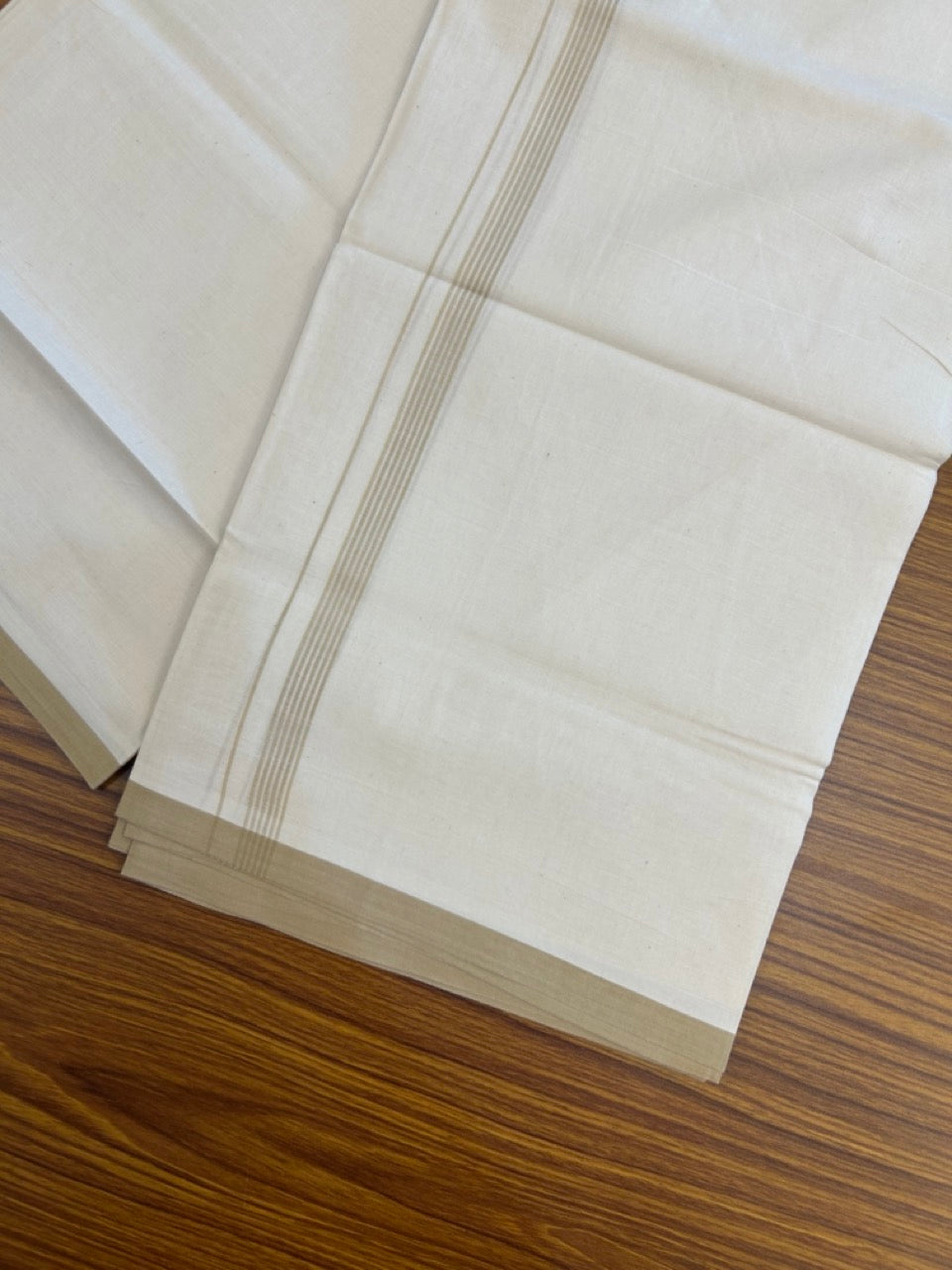 20% Discount! KaithariKada 100% Cotton Off white Double Mundu/Dhoti - (100x80)S - 0.5 inch Beige Brown Striped Kara - 4mtr (8.5muzham) - 105 KK5255 VAS