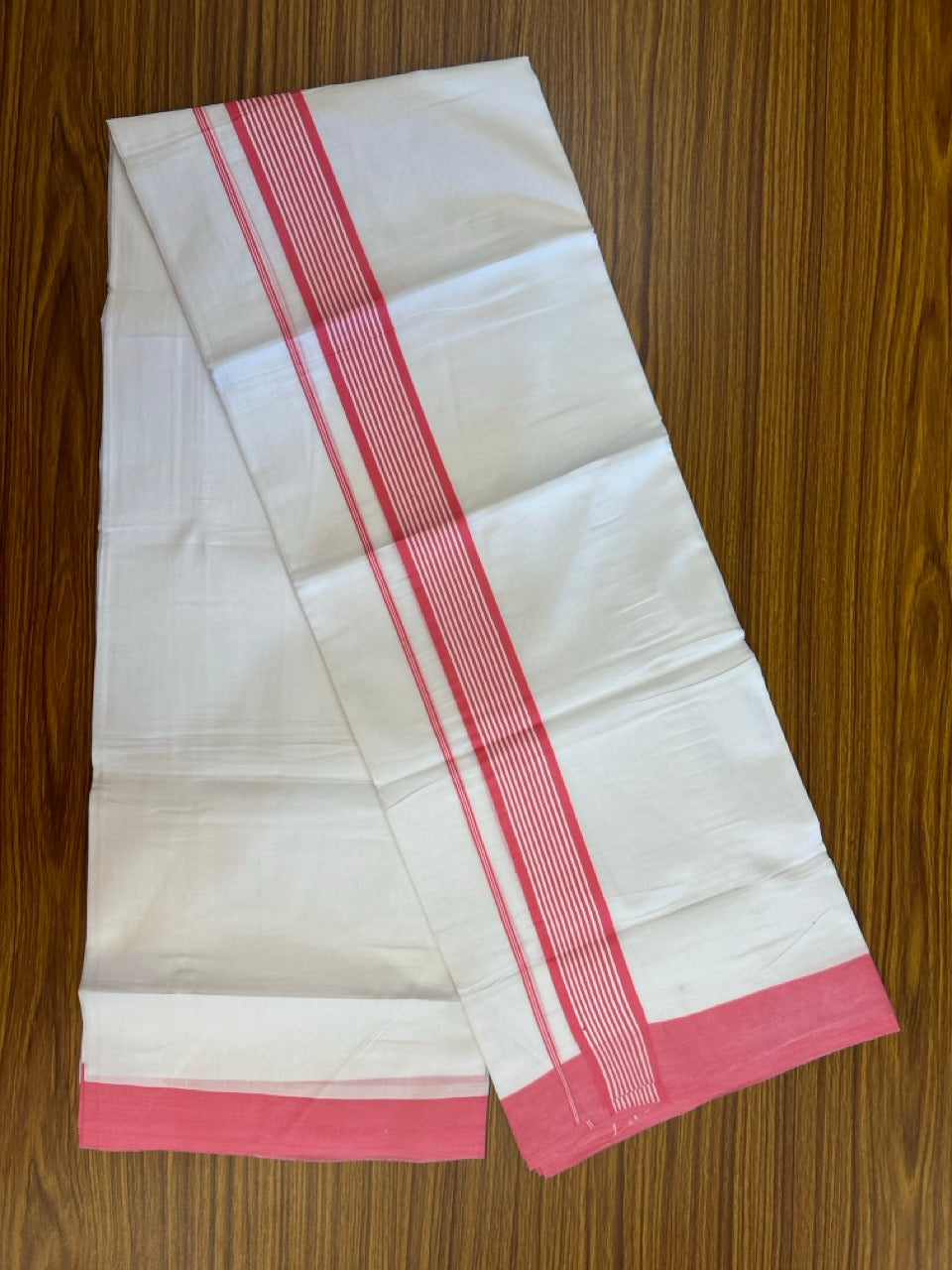 Pure White Double 20% Discount! KaithariKada 100% Cotton Pure Cotton Double Mundu / Dhoti - 100x80 - 1.75 inch Pink White Stripes Shaded Kara 3.80 meter (8 muzham) - 105 KK5220 THI