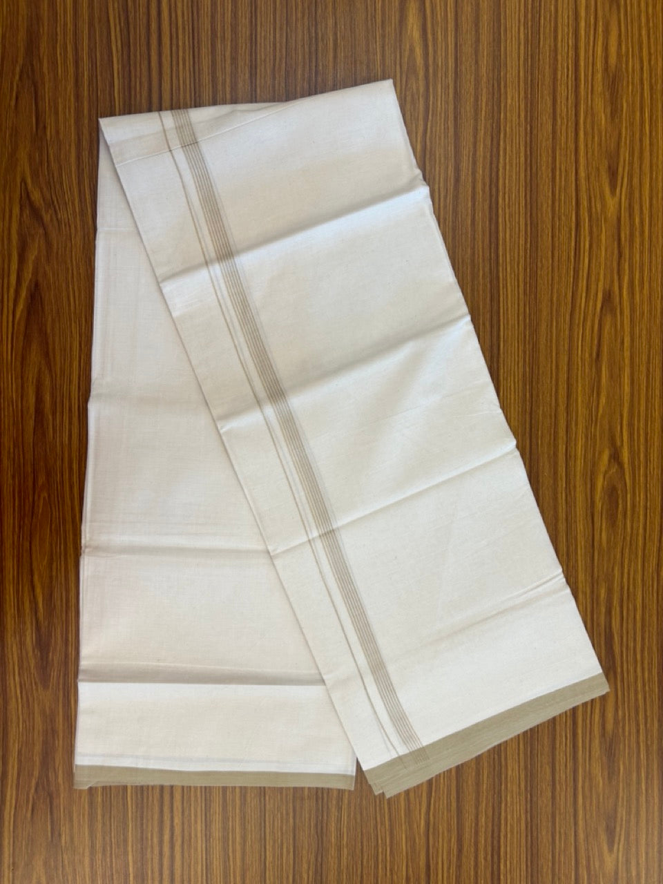 20% Discount! KaithariKada 100% Cotton Off white Double Mundu/Dhoti - (100x80)S - 0.5 inch Beige Brown Striped Kara - 4mtr (8.5muzham) - 105 KK5255 VAS