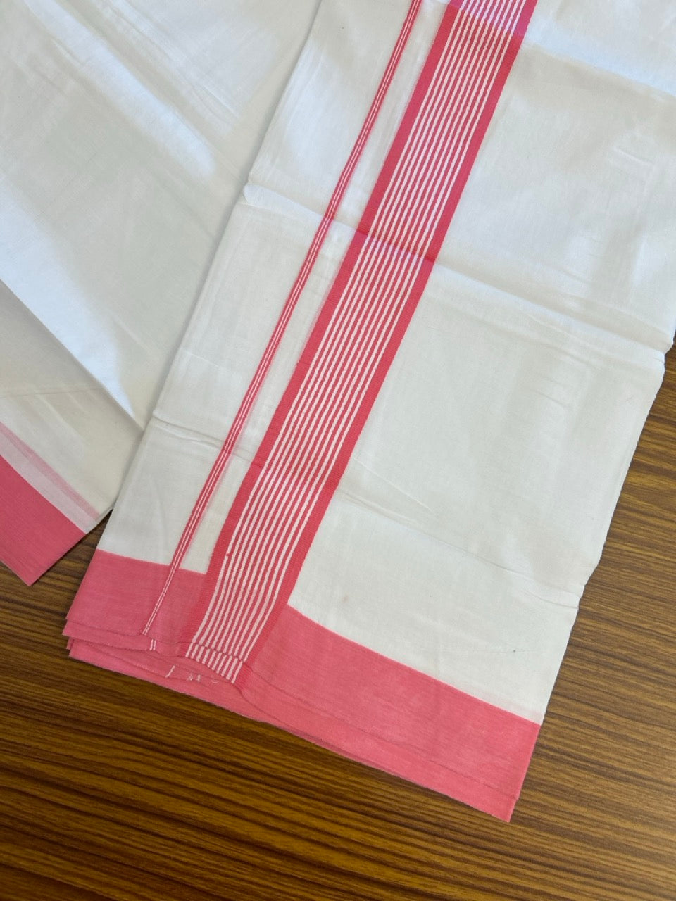 Pure White Double 20% Discount! KaithariKada 100% Cotton Pure Cotton Double Mundu / Dhoti - 100x80 - 1.75 inch Pink White Stripes Shaded Kara 3.80 meter (8 muzham) - 105 KK5220 THI